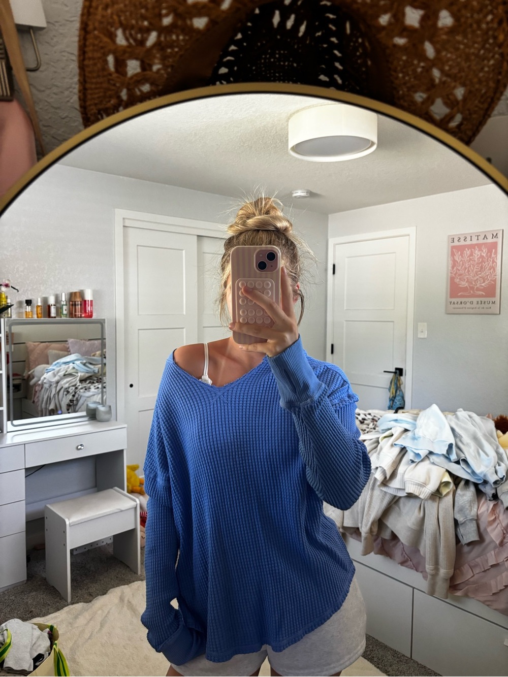 aerie Blue Off-the-Shoulder Waffle Knit Sweater